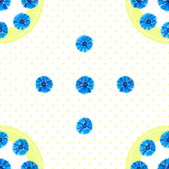 Materiał do szycia White seamless pattern with blue flowers. Watercolor cornflowers, polka dot background.