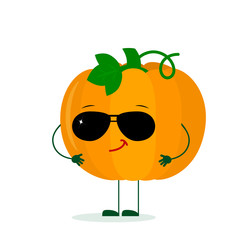Kawaii cute pumpkin vegetable character in the style of a cartoon in sunglasses. Logo, template, design. Vector illustration, a flat style