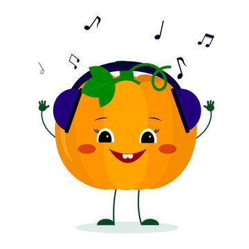 Kawaii cute pumpkin vegetable character in cartoon style listening to music with headphones. Logo, template, design. illustration, flat style