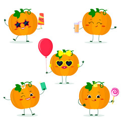A set of five Kawaii cute pumpkin vegetable in cartoon style. In glasses with ice cream, with a balloon, with a lollipop, with juice, with a selfie phone. Flat, Vector illustration