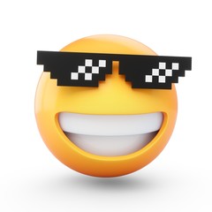 3D Rendering emoji with pixelated sunglasses isolated on white