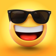 3D Rendering cool emoji with sunglass isolated on yellow background