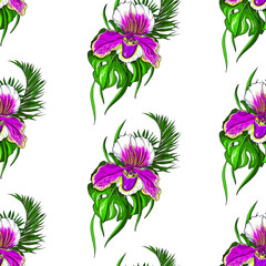 Vector seamless pattern with tropical pink orchid flowers and green leaves. On white. 