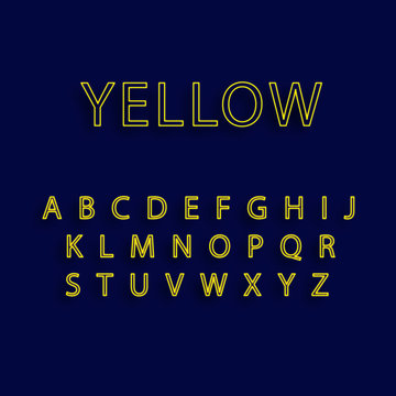 Yellow Neon Alphabet Fonts. Neon Vector Illustration. Yellow Neon Lighting. Yellow Candy Color Neon Alphabet.