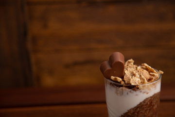 Delicious breakfast, cocoa chia pudding with yogurt and cereals