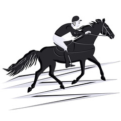 Jockey at the races. Horse riding. Black and white silhouette - isolated - vector