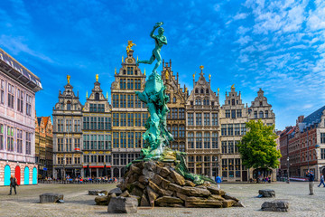 The Grote Markt (Great Market Square) of Antwerpen, Belgium. It is a town square situated in the heart of the old city quarter of Antwerpen. Cityscape of Antwerpen.