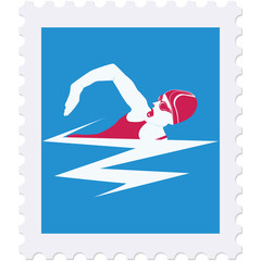 Postage stamp - swimmer - isolated on white background - vector. Sport. Swimming. Championship. Healthy lifestyle