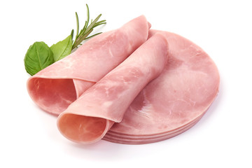 Sliced boiled ham sausage, close-up, isolated on white background