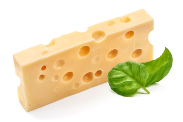 Maasdam cheese, close-up, isolated on white background