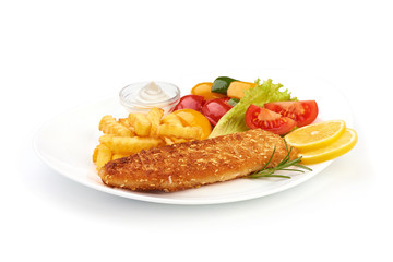 Portion of fried Fish with French Fries and vegetables, close-up, isolated on white background