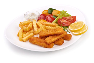 Portion of fried Fish Fingers with French Fries and vegetables, close-up, isolated on white...