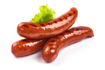 Grilled Pork Sausages with lettuce, close-up, isolated on white background