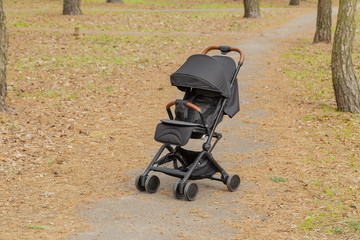 Beautiful baby carriage in the park. New design.