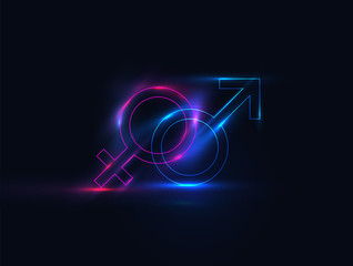 Neon glowing male and female symbol. Gender symbols. Vector illustration.