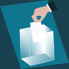 Ballot box - glass is transparent - man's hand drops a ballot paper - vector. Voting, election concept.