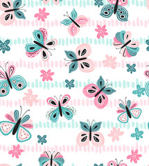 Seamless pattern with beautiful hand drawn butterfly. Tileable background for kids and women product design, fabric, stationery, textile, apparel. Fun and colorful vector illustration