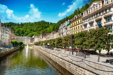 karlovy vary canal and beautiful traditional buildings