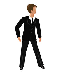 A young male businessman in a black strict suit, white shirt and tie stands in full growth on a white background. Vector flat cartoon illustration.
