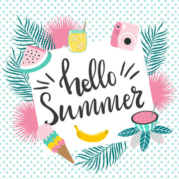 Abstract summer design card good for prints,flyers,banners,invitations,special offer and more. Hand drawn modern lettering Hello Summer and clipart about summer © saltoli