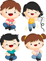 a vector of four kids playing video games