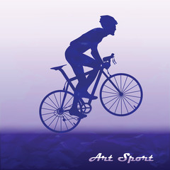 Fototapeta na wymiar Cyclist on speed with a raised front wheel - abstract silhouette on an original background - art, vector