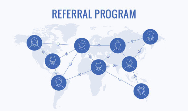 Worldwide referral program, network marketing, business partnership, referral program strategy. Flat cartoon design, vector illustration on white background