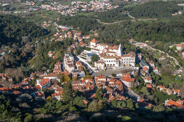 Fototapeta na wymiar Aerial view of Sintra old town centre in winter sunshine