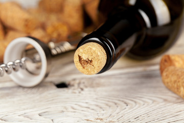 Cork screw for wine and corks close up