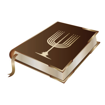 Torah - a book decorated with Minor with nine candles - gold - isolated on white background - vector. Hanukkah. Religion. Tradition.
