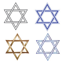Star of David - black and white, gold, white and blue, isolated on white background - vector. Hanukkah. Religion. Tradition.