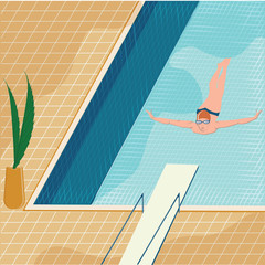 Male swimmer in indoor sport pool, perspective, tile, springboard - flat style, vector. Healthy lifestyle.