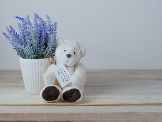 Purple lavender pots and cute teddy bears with greeting cards on Mother's Day and placed on a wooden table for the background