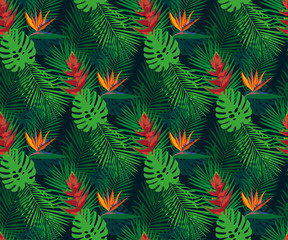 Naklejka na ściany i meble Tropical wildlife seamless pattern. Tropical leaves and flowers vector pattern