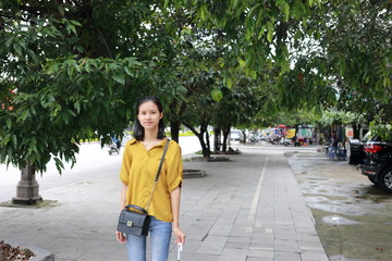 woman with umbrella in town