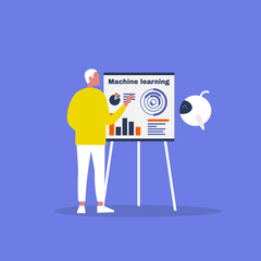 Machine learning concept. Cute cartoon robot hovering near by a flip chart. Young male character / editable flat vector illustration, clip art