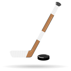 flat colorful icon of hockey stick with puck isolated with shadow