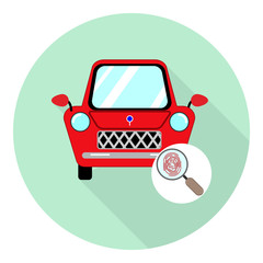 flat car icon with magnifying glass icon and fingerprint opening symbol on green background with shadow