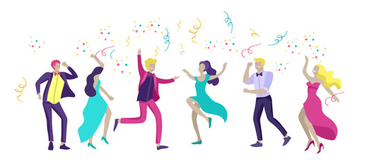 Group of smiling young people or students in evening dresses and tuxedos, happy Jumping and dansing. Prom party, prom night invitation, promenade school dance concept. Vector illustration concept