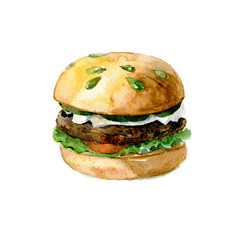 Delicious Burger with beef, tomato and lettuce on a bun with pumpkin seeds. Watercolor illustration isolated on white background.