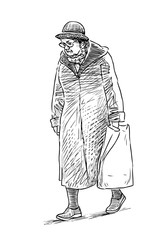 A sketch of a sad old woman walking down the street