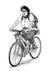 An elderly townswoman rides a bicycle