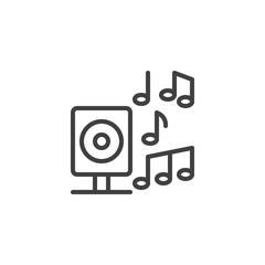 Music speaker and notes line icon. linear style sign for mobile concept and web design. Audio speaker with music notes outline vector icon. Party symbol, logo illustration. Vector graphics