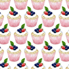 Seamless Watercolor of cupcake with strawberry and blackberry on white background.