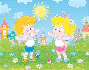 Obraz na płótnie Canvas Smiling little children doing morning exercises in a green park of a town on a sunny summer day, vector illustration in a cartoon style