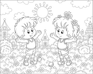 Smiling little children doing morning exercises in a park of a town on a sunny summer day, black and white vector illustration in a cartoon style for a coloring book