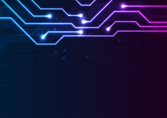 Glowing blue purple neon circuit board chip background