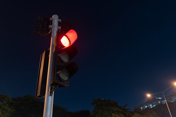 Traffic light show red light to tell other cars to stop with some trees on the background.