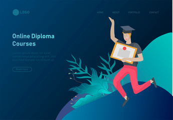 Set of web page design templates with smiling graduates people in graduation gowns holding diplomas and happy Jumping. Modern vector illustration concepts for website and mobile website development