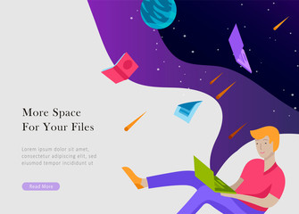 landing page template. Inspired People flying. Create your own spase. Character moving and floating in dreams, imagination and freedom inspiration design work. Flat design style